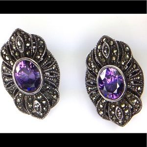 Vintage Sterling Silver Amethyst Marcasite Earning